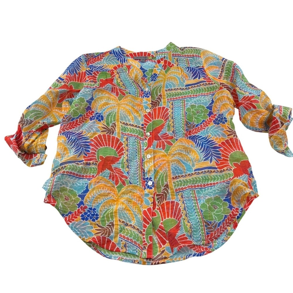 Figueroa & Flower Womens Tropical Palm Print Roll‎ Tab Blouse Multicolor Medium